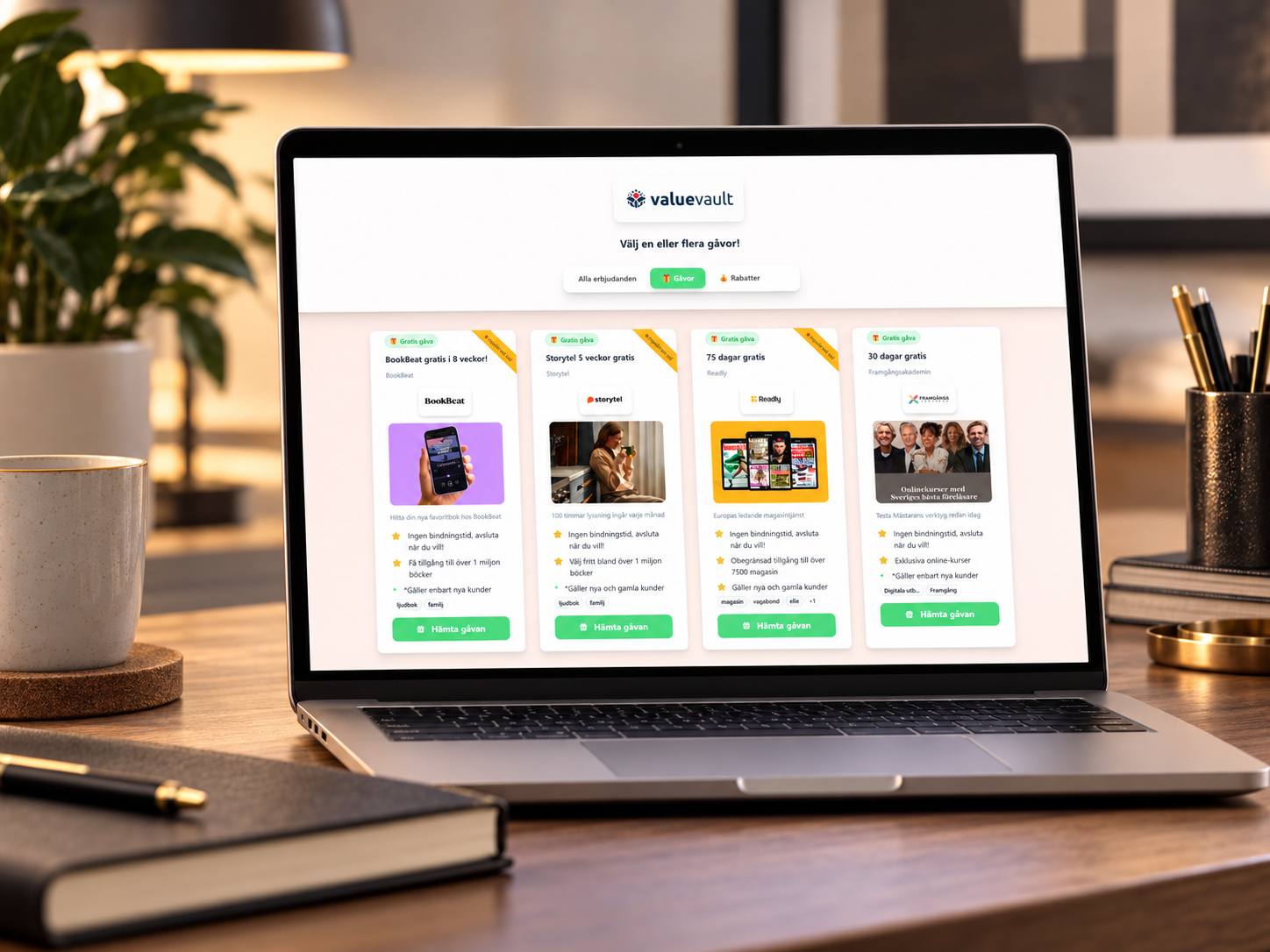 MyValueVault gift offers open on a laptop on a wooden desk