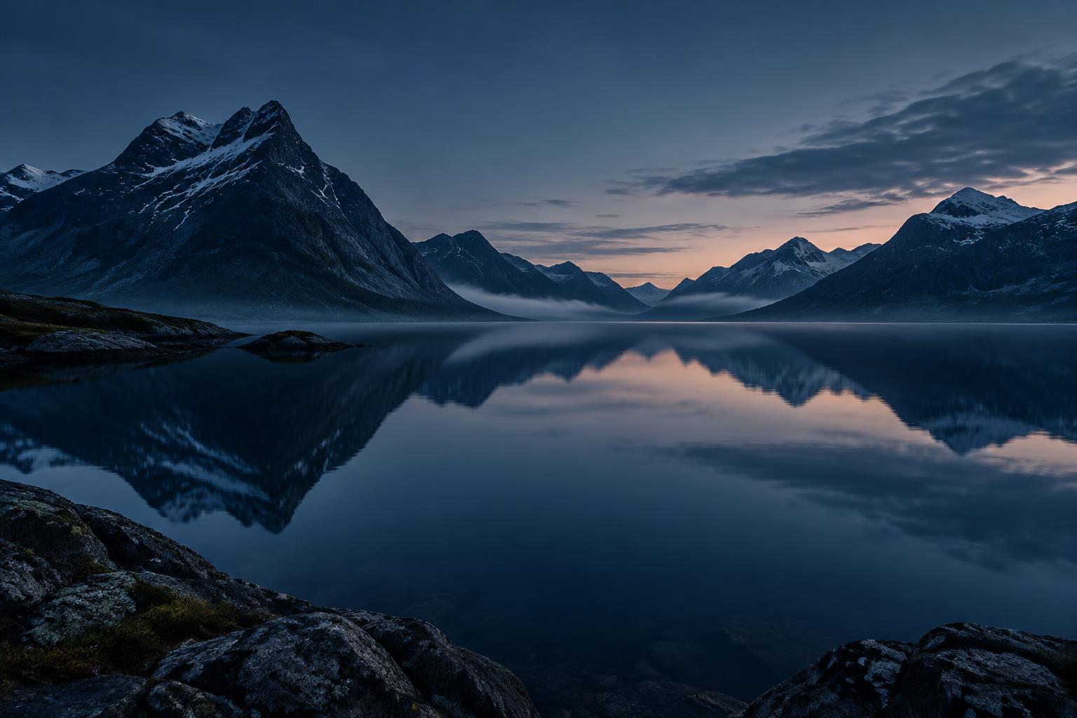 Still Nordic mountain lake at dusk
